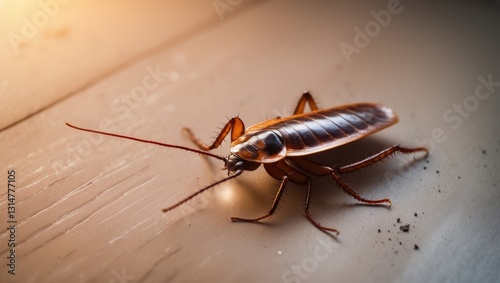 Dead cockroach on the floor following pesticide application, selective focus on a deceased house cockroach in a supine position.