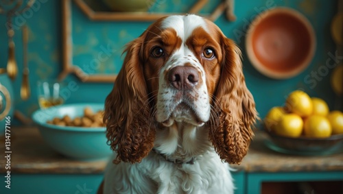 Cocker spaniel seated with a bowl in the background.