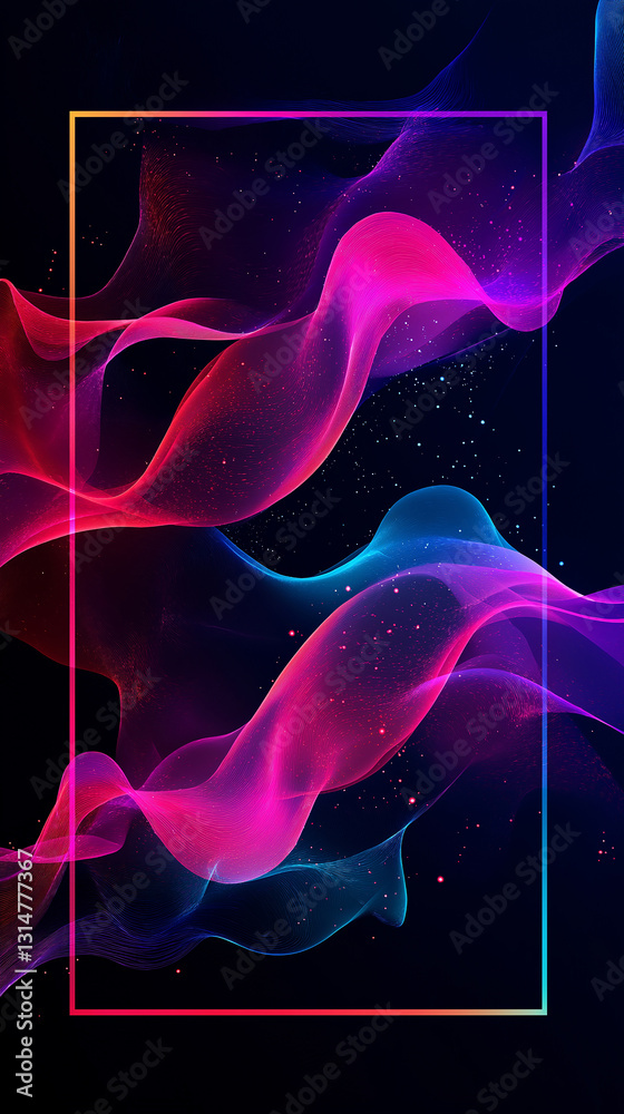 Fototapeta premium Vibrant Abstract Smoke Waves with Glowing Rectangular Frame. Futuristic Frame with Iridescent Effect Background. Vertical