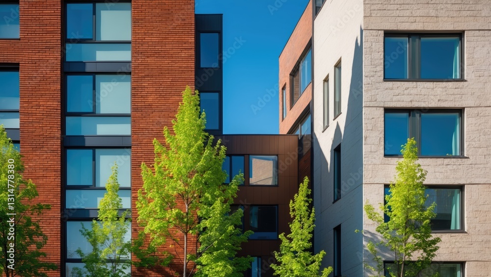 A close-up view showcasing the textures and colors of overlapping buildings, illustrating modern architectural trends.