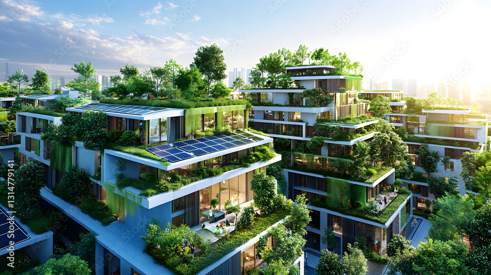 A futuristic solar-powered neighborhood where every building is energy-efficient, with solar panels, green rooftops, and eco-friendly urban design in a modern cityscape. A futuristic solar-powered neighborhood where every building is energy-efficient, with solar panels, green rooftops, and eco-friendly urban design in a modern cityscape.