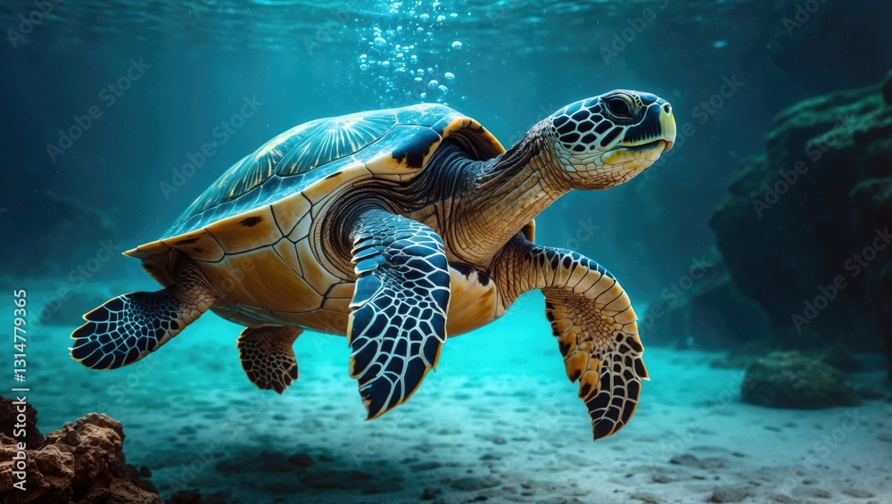 Fototapeta premium A large turtle swimming underwater is photographed in a beautiful close-up.