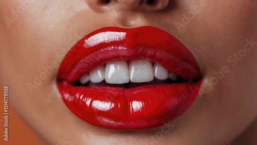 Closeup of a sensuous woman nibbling on her lips.