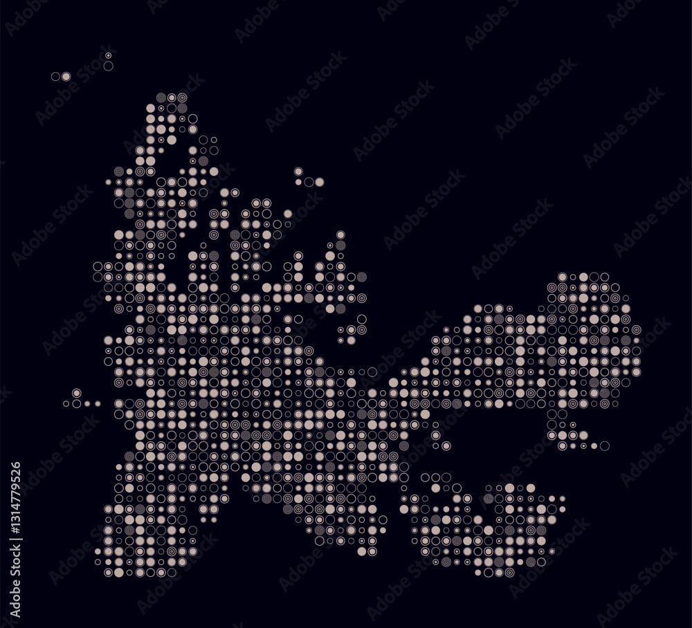 Obraz premium French Southern and Antarctic Lands, shape of the country build of colored cells. Digital style map of the French Southern and Antarctic Lands on dark background. Small size circle blocks.