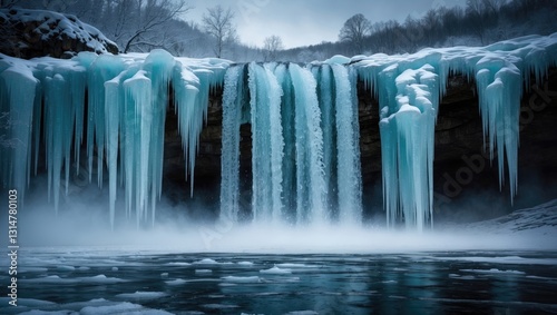 A stunning frozen waterfall, glistening with icicles gracefully hanging above.