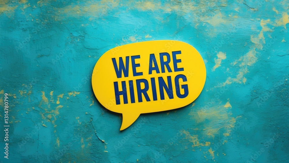 ABC of job advertisement, hiring poster, job openings, hr recruiting. We are hiring yellow banner on textured blue background.