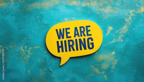Obraz na płótnie ABC of job advertisement, hiring poster, job openings, hr recruiting. We are hiring yellow banner on textured blue background. w salonie