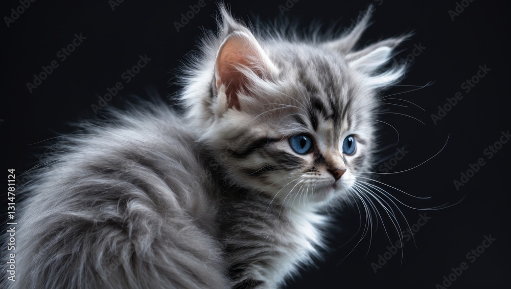 Closeup of a curl kitten with twisted ears and blue eyes looking downward against a black background, side profile view. Closeup of a curl kitten with twisted ears and blue eyes looking downward against a black background, side profile view.
