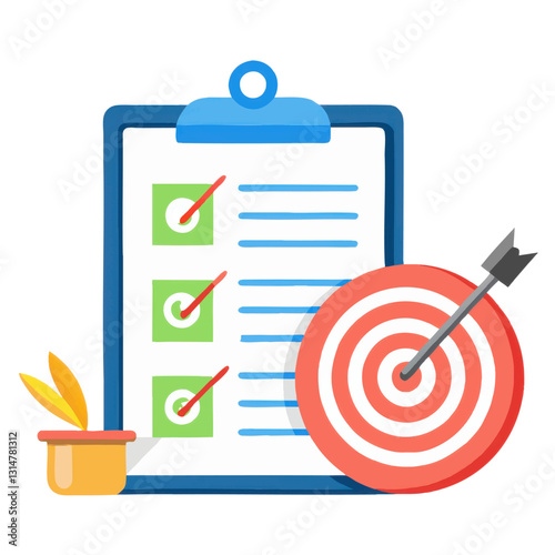 clipboard with checklist and target with arrow symbolizes goal achievement and task completion