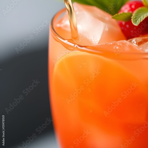 Close-up of a refreshing fruit cocktail with a splash of liquid in a glass.