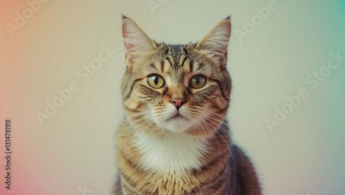 Close-up portrait of a domestic cat gazing at the camera against a pale background. Isolated. Pet animal with a brown nose, copy space.