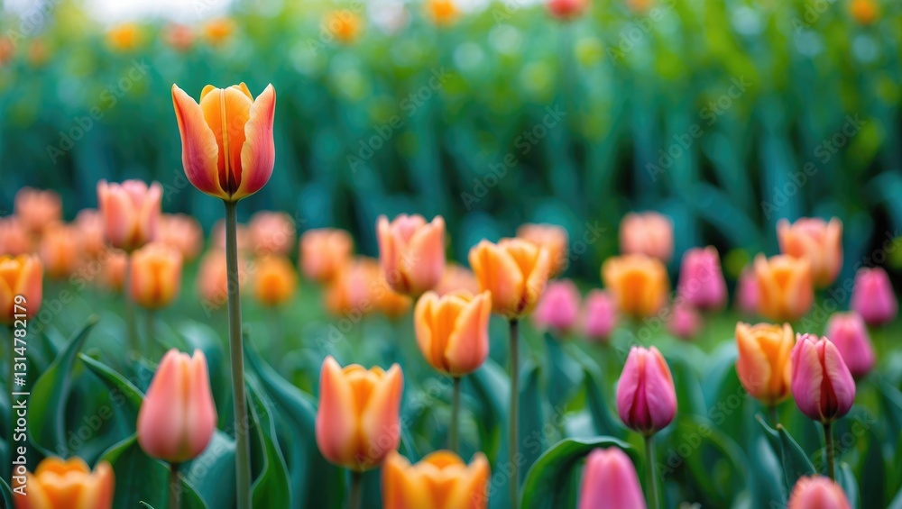 Obraz premium Orange Tulip Festival with a Blurred Background