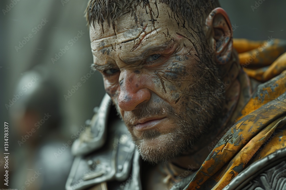 A rugged warrior displaying determination and strength, with a weathered face and a fierce gaze. A rugged warrior displaying determination and strength, with a weathered face and a fierce gaze.