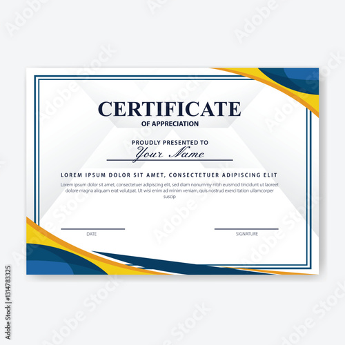 Blue-yellow certificate design, appreciation award, white background, printable template