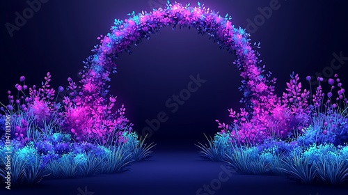 Neon floral archway, dark background, backdrop for product display, photogenic