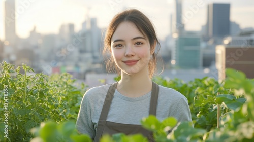Young Woman Smiling in Urban Garden with Cityscape Background
