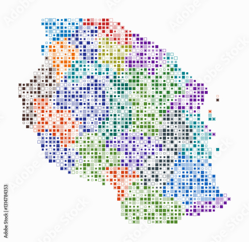 Tanzania, shape of the country built of colored cells. Digital style map of Tanzania on a white background. Small square blocks. Creative vector illustration.