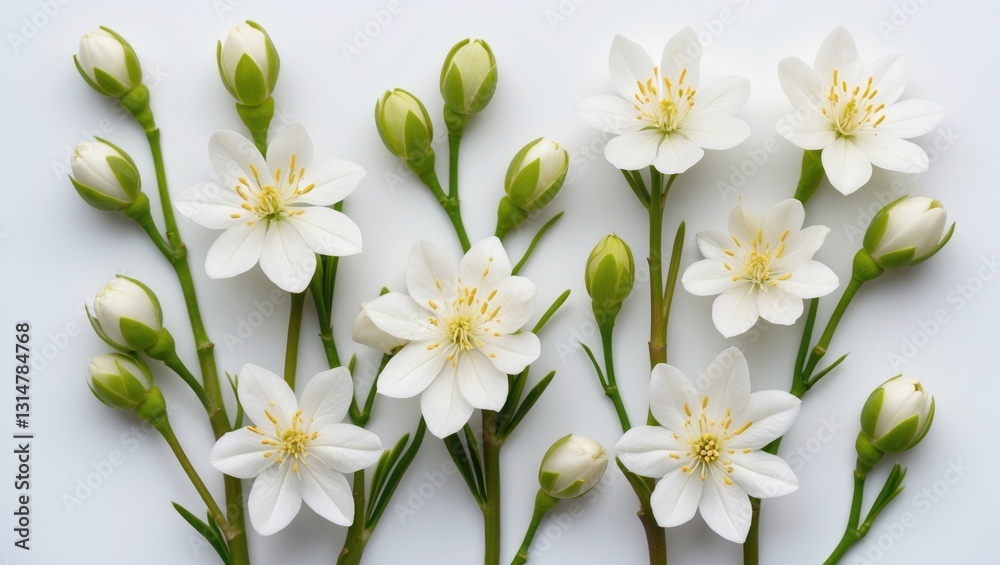 Obraz premium Neroli white flowers and buds arranged separately on a white background. Citrus bloom. Five orange tree blossoms.