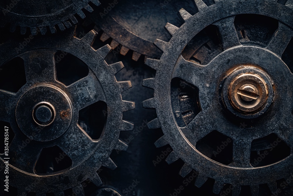 Close-up of intricate, aged metal gears interlocked, showcasing industrial mechanics and texture. Close-up of intricate, aged metal gears interlocked, showcasing industrial mechanics and texture.