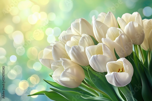 Elegant White Tulips Bouquet on Green Bokeh, Fresh Spring Flowers for Nature Decor, Selective Focus, Bokeh, Copy Space