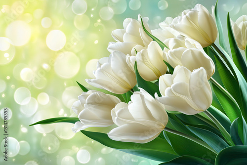 Spring White Tulips Bouquet on Green Bokeh, Symbol of New Beginnings and Fresh Spring Beauty, Selective Focus, Bokeh, Copy Space