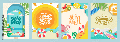 Hello Summer Poster, Summer Vibes, It's summer time, set of modern summer sale social media story template designs with flamingo, pineapple, ice cream and watermelon