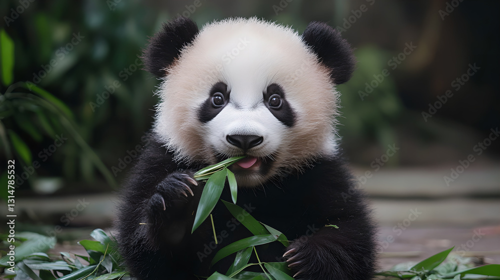 Fototapeta premium Panda Cub Eating Bamboo Leaves
