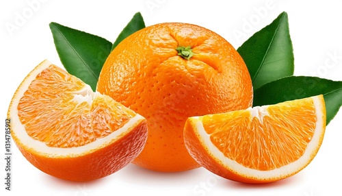 An image of a vibrant orange with green leaves, showcasing its fresh and juicy appeal with a focus on its bright color and natural freshness