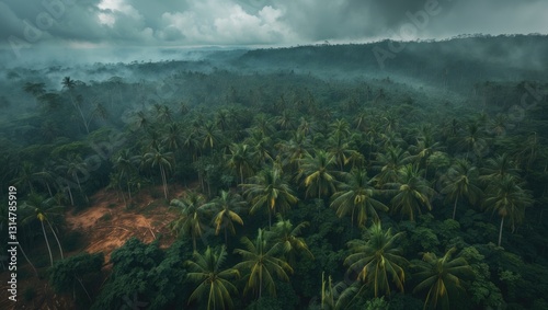 Aerial view of deforestation. To make way for oil palm plantations, the rainforest has been devastated.