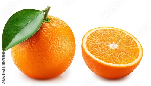 An image of a vibrant orange with green leaves, showcasing its fresh and juicy appeal with a focus on its bright color and natural freshness