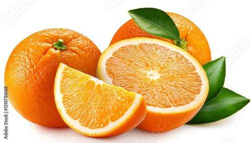 An image of a vibrant orange with green leaves, showcasing its fresh and juicy appeal with a focus on its bright color and natural freshness