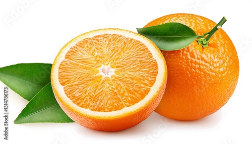 An image of a vibrant orange with green leaves, showcasing its fresh and juicy appeal with a focus on its bright color and natural freshness