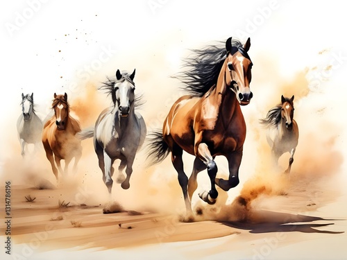 Wild Horses Running in the Dessert, Nature related image, Animal wild life image, wild life decoration, ai generated