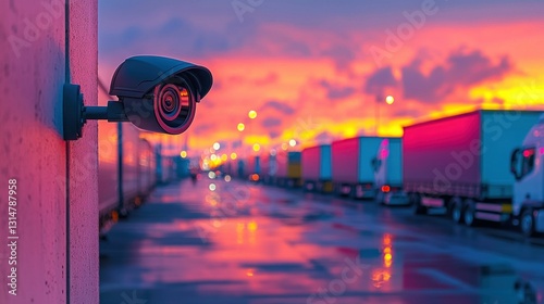 Security camera at a truck terminal at dusk