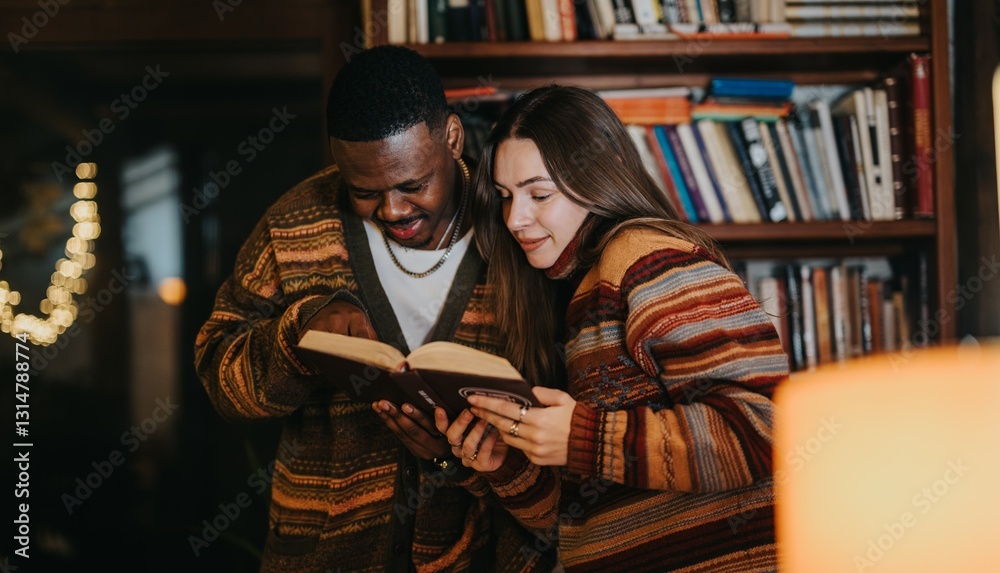 Obraz premium Couple Reading a Book Together in a Cozy Library Setting