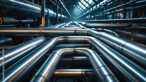 Network of shining steel pipes flows with accuracy. Abstract backdrop