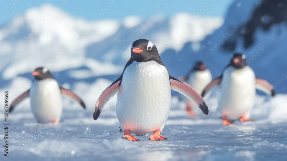 Fototapeta premium Group of Adélie Penguins Walking on Ice
