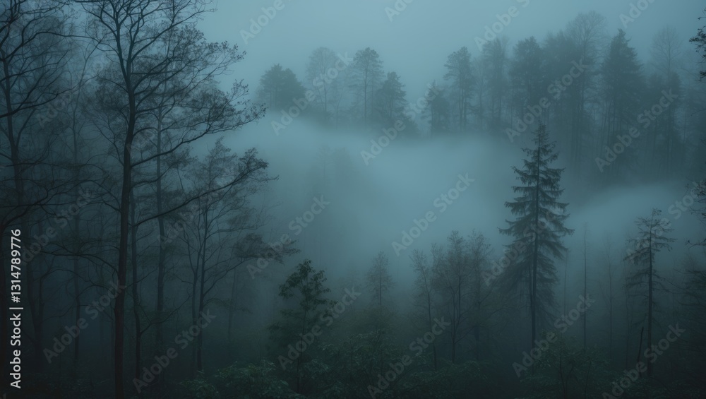 A high-angle perspective of fog in the woods. A high-angle perspective of fog in the woods.