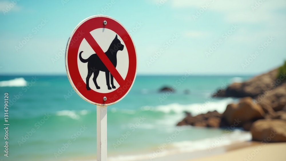 No dogs allowed sign at the beach. Prohibition sign for dog walking on the beach. No dogs allowed sign at the beach. Prohibition sign for dog walking on the beach.