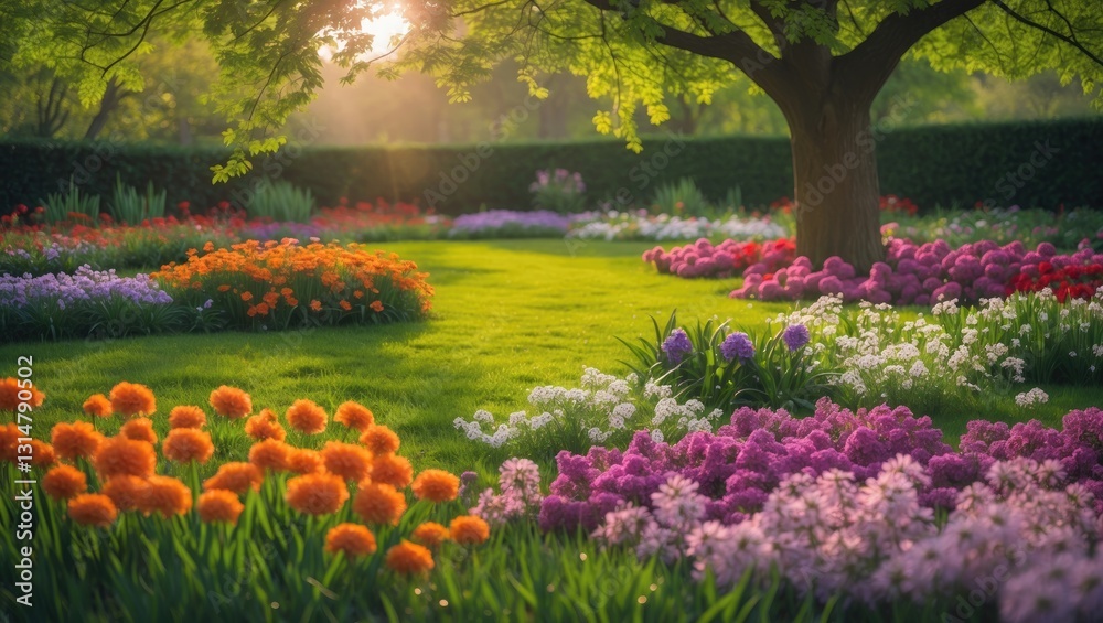 Fototapeta premium Beautiful spring garden. The lush green lawn highlights the vibrant blooming flowers in the garden. A wide range of colorful flowers, expansive views of natural beauty.