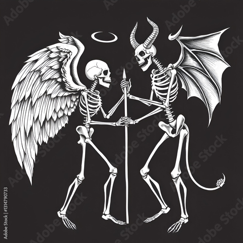 black and white illustration of an angel skeleton versus a devil skeleton