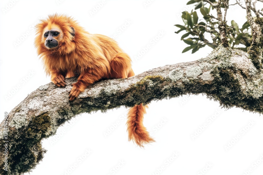 Vibrant Orange Monkey Sitting Gracefully on Tree Branch in Natural Habitat Vibrant Orange Monkey Sitting Gracefully on Tree Branch in Natural Habitat