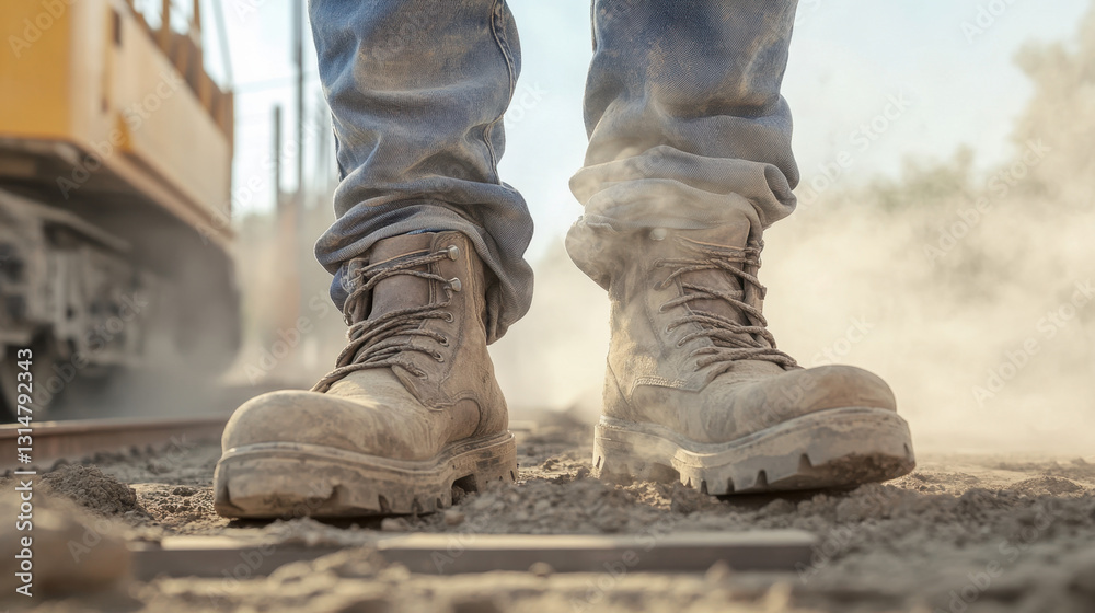 Work boots are firmly planted on dusty soil, showing signs of wear. The setting is a construction site with equipment nearby, capturing a moment of labor in action Work boots are firmly planted on dusty soil, showing signs of wear. The setting is a construction site with equipment nearby, capturing a moment of labor in action