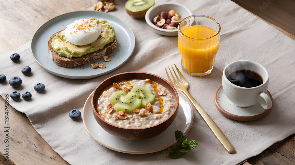 Breakfast table setting with oatmeal, avocado toast, fresh fruit, and drinks in a cozy kitchen Breakfast table setting with oatmeal, avocado toast, fresh fruit, and drinks in a cozy kitchen