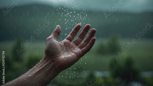 Rain is falling on a man's hand. It is the first rain. Wet scent of rain. photo