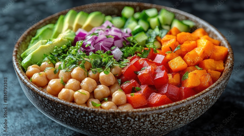 Vibrant bowl of fresh salad with chickpeas, avocado, and colorful vegetables Vibrant bowl of fresh salad with chickpeas, avocado, and colorful vegetables