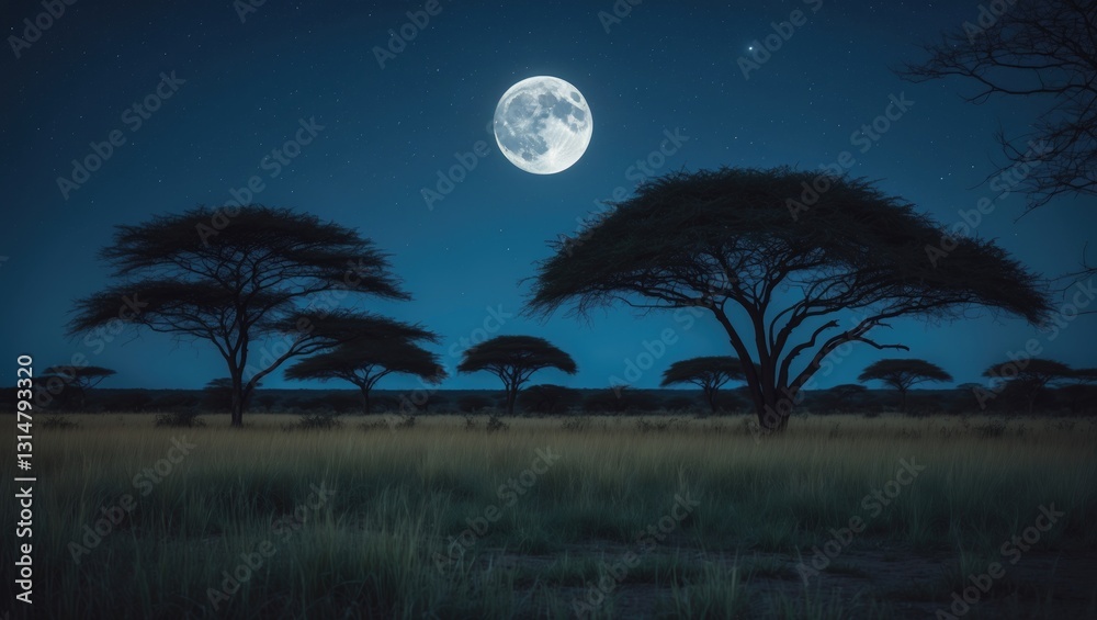 Fototapeta premium Nighttime savanna landscape featuring grass and trees under a full moon in a starry sky.