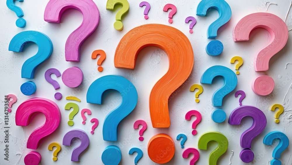 Question marks in various colors illustrated on a white background.
