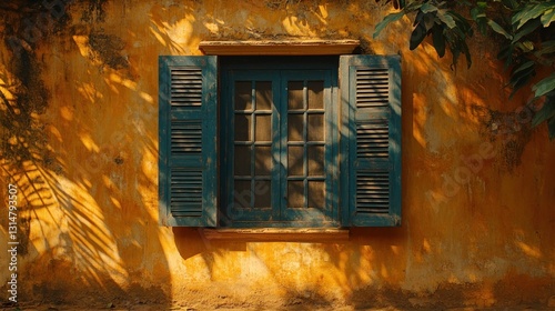 Old window, yellow wall, tropical shadows