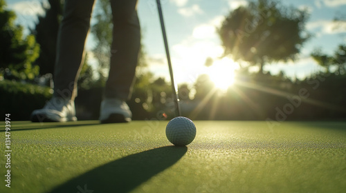 The image captures a golfer putting a ball on the green with close-up details of the ball and putting stroke.  AI generative photo